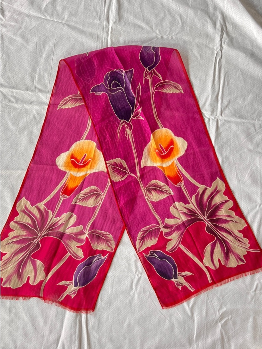 Vintage Oscar De La Renta Silk Scarf Purple Red Ombré Calla Lilly, Roses 11x54”